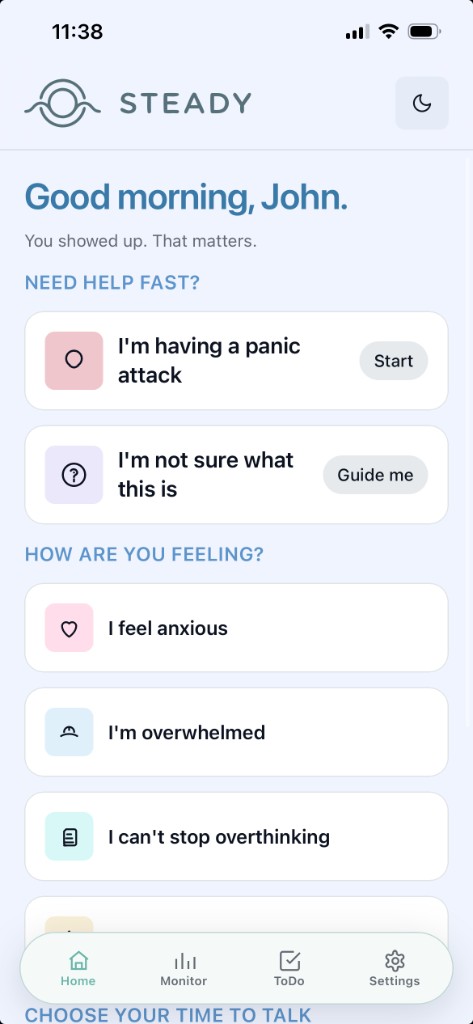 Steady app home screen